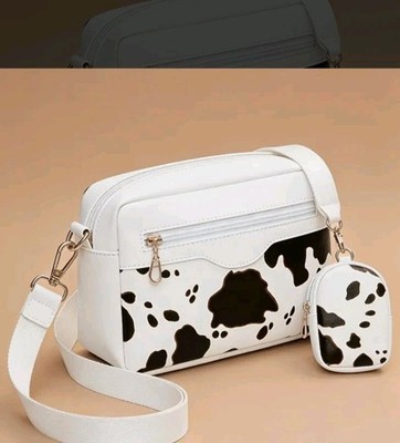 Single Shoulder Cow Print Purse 2 Pc Set. Casual, Faux Leather   