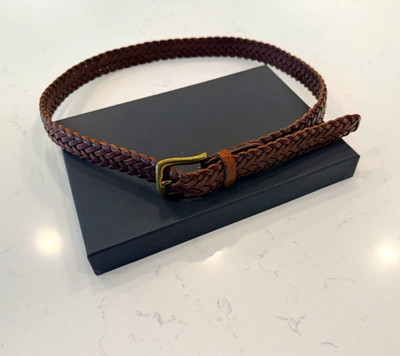 Men's Brown Braided Leather Belt Size 36 Brass Buckle Vintage 80s 90s Preppy 