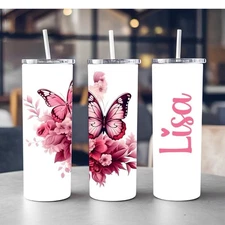 Pink butterfly Tumbler With Name, Custom Made Tumbler For girls and women Gifts