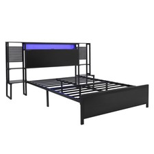 4ft6 Double Metal Bed Frame w/ LED Strip, Charging, Headboard w/ Storage Space