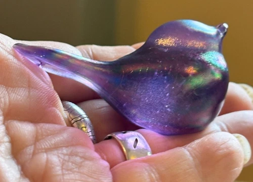 Iridescent Carnival Art Glass Bird Figurine Miniature Purple Rainbow 2.25"