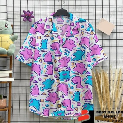 Ditto Wiggle Pokemon Hawaiian Shirt Button Up Shirt Japanese Anime Hawaii