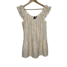 Gap Womens Flutter Sleeve Crinkle Gauze Dress SP Cream Rainbow Stripe Metallic