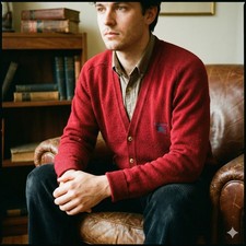 Vintage Burberry 100 Cashmere Cardigan Sweater Mens Large Red Burgundy Crest