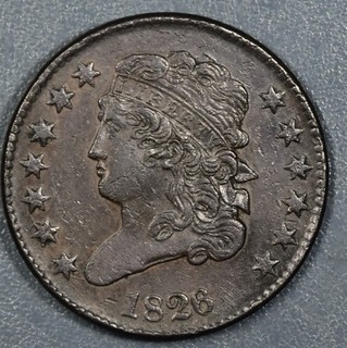 1826 1/2C CLASSIC HEAD BUST COPPER HALF CENT KM# 41 Grade: AU A7295