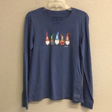 Life Is Good Top Womens Blue Crusher Peace Gnome Medium Holiday Shirt Christmas