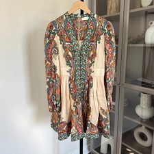 Zimmermann Paisley Linen Ottie Plunge Long Sleeve Mini Dress 1 V-Neck A-Line
