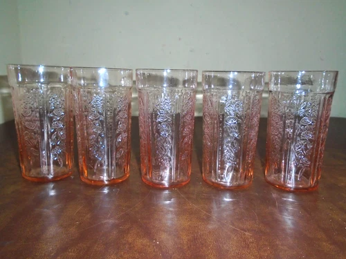 5 Depression Glass Federal Glass SHARON CABBAGE ROSE Pink Tumblers 12 oz