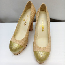 CHANEL CC Logo Raffia Tweed Patent Leather Cap Toe Platform Heel Pumps Size 36.5