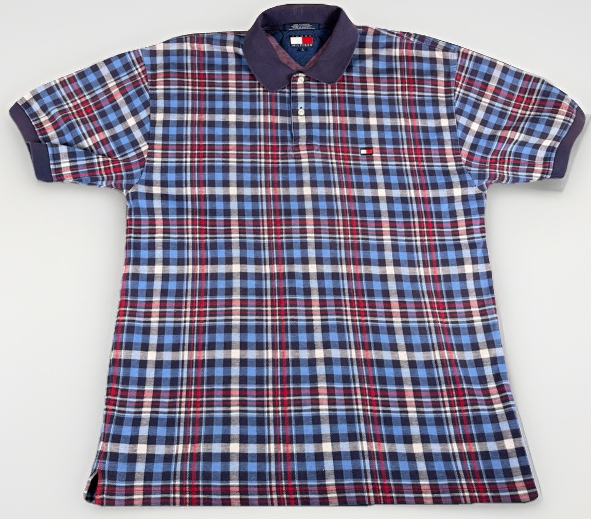 Vintage Tommy Hilfiger Plaid Polo Shirt Mens L Blue Red 90s Cotton
