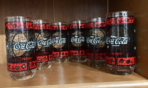 Vtg Coca Cola Tiffany Style Stained Drinking Glass Set of 6 Glasses / 6'' Retro
