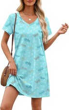 Cotton Womens Nightgown Short Sleeve V Neck Sleep Shirt Soft Loungewear S-XXXL