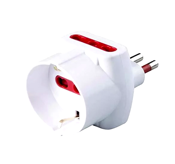 Adattatore triplo con spina 2P+T 16A, 2 prese 2P+T 10/16A e 1 presa 2P+T schuko