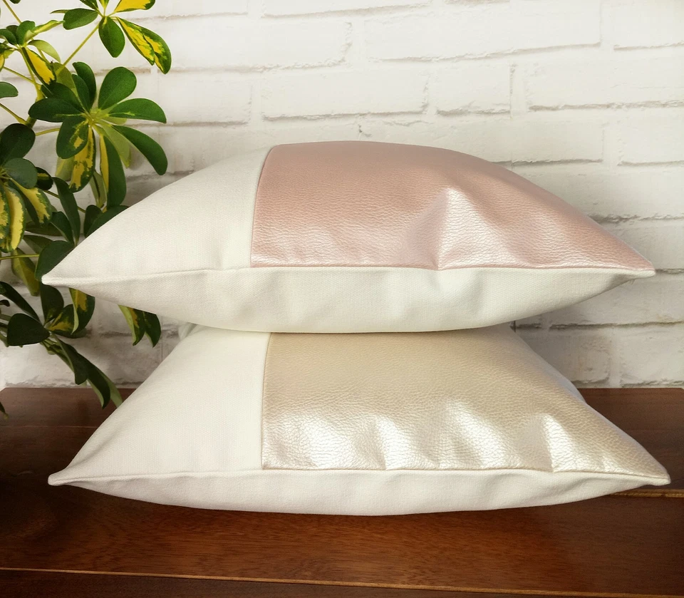 Pearlescent pink faux leather-white cotton pillow couch cushion cover 16''x16'' - Image 4 of 4