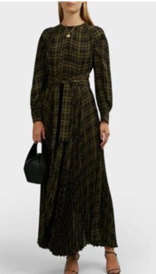 Proenza Schouler Belted Plaid Georgette Chiffon Asymmetrical Dress In Green  6 | eBay