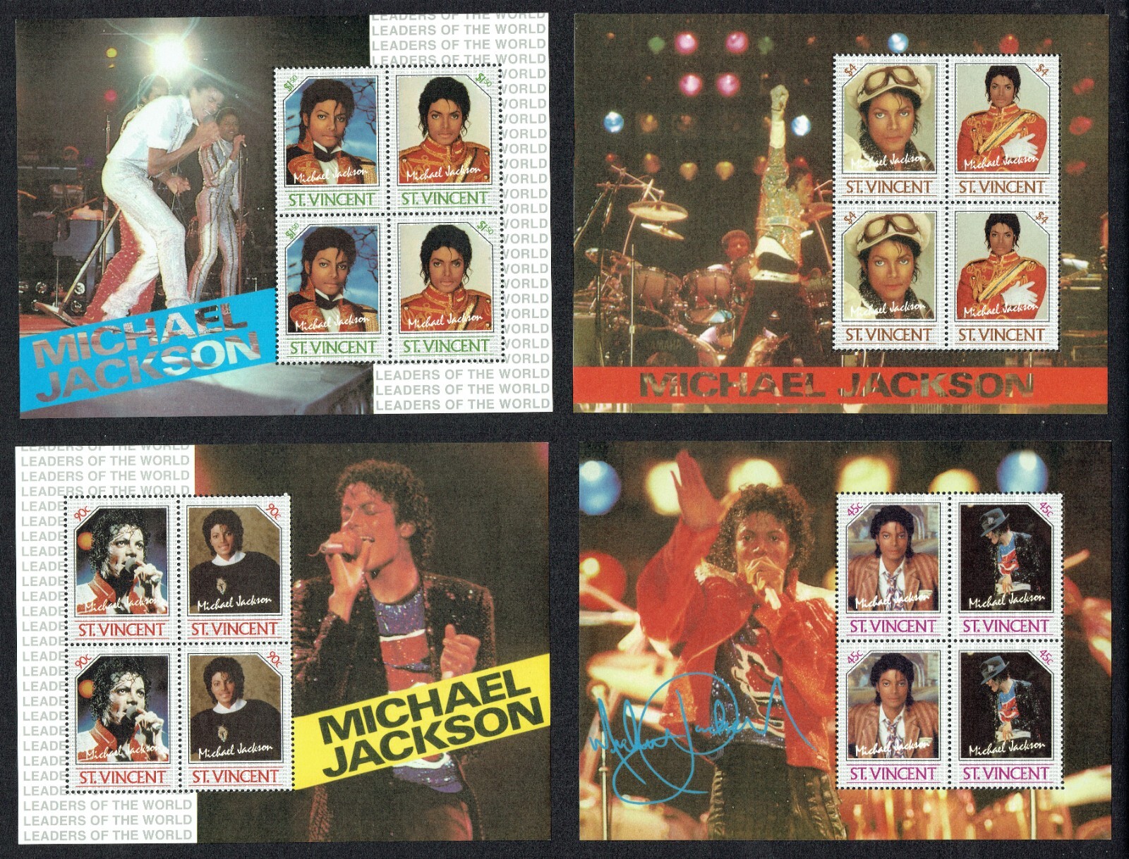 4 Different Michael Jackson 1985 Souvenir Sheets w/ 16 Stamps ST VINCENT Postage