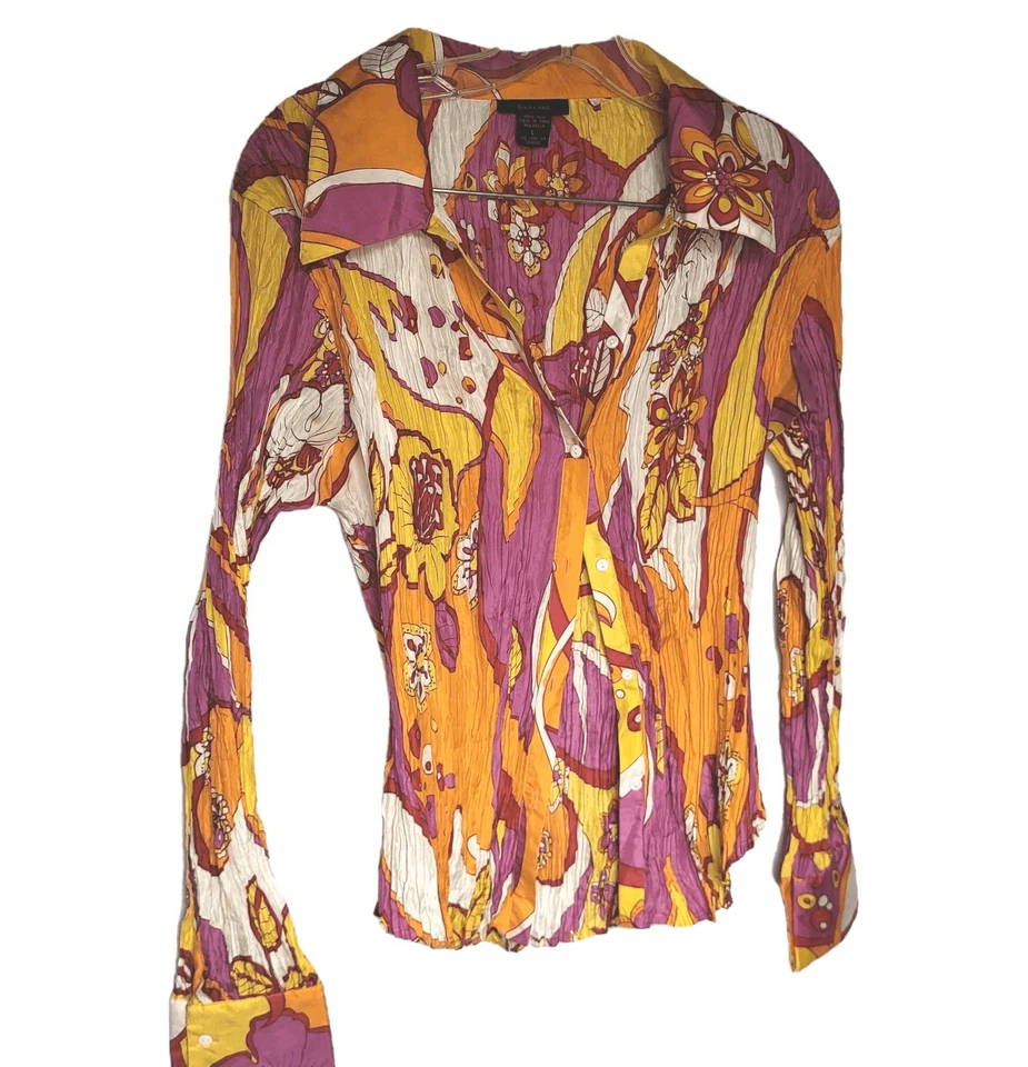 Rare Pleated Silkland 100% Silk Groovy 70s Collared Blouse Sz L - Image 4 of 4