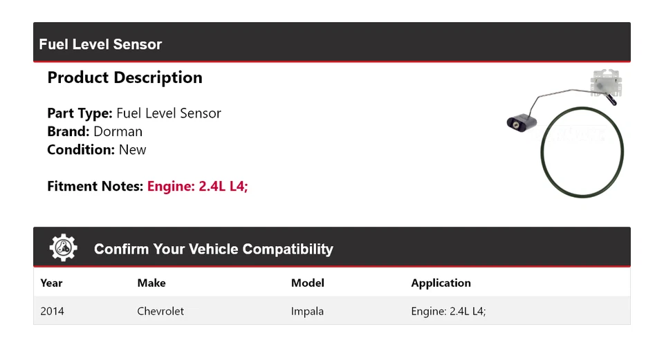 Sensor de nivel de combustible Dorman 2,4 L L4 2014 Chevrolet Impala Foto 2 de 4