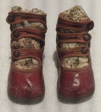 Antique Victorian RED/BROWN Scalloped Leather 3-Side Button BABY SHOES