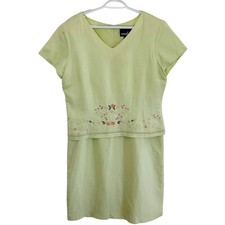 Vtg 80s Linen Embroidered Floral Beaded Positive Attitude Sheath Dress Green 14