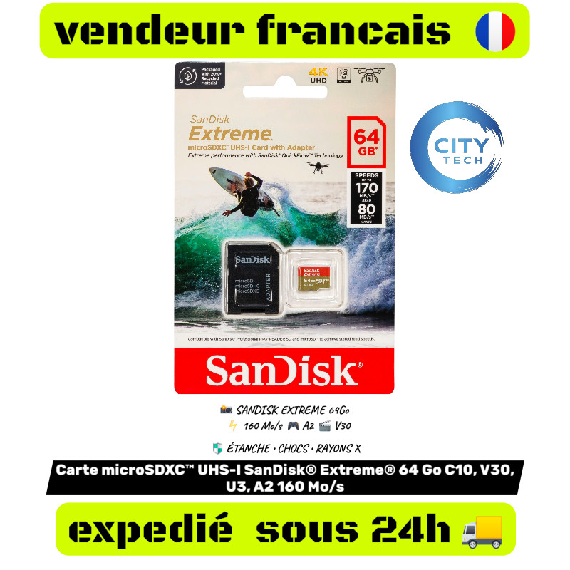 MicroSDXC 64Go SanDisk Extreme carte mémoire UHS-I A2 V30 haute vitesse lecture 160MB/s