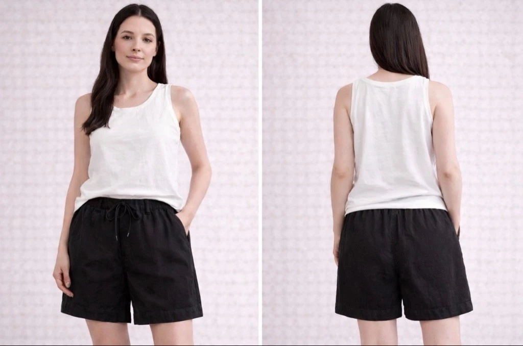 Eileen Fisher Black Organic Linen Drawstring Shorts M