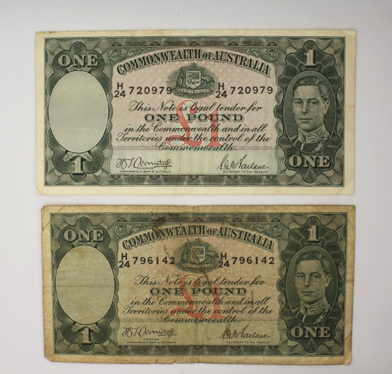 1942 Issue Australia 1 Pound Banknotes Lot of Two, Circulated