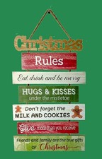 Christmas Wood Wall Decor Hanging Sign, Rustic Wooden Plaque, Holiday Rules 23"