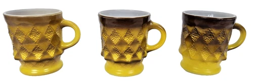 VTG Anchor Hocking Fire King Kimberly Mugs Yellow Brown Diamond Pattern Milk