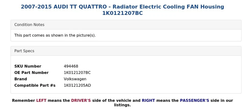 AUDI TT QUATTRO 2007-2015 - Radiador eléctrico refrigeración ventilador carcasa 1K0121207BC Foto 3 de 3