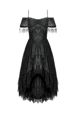 Dark In Love Women Black Gothic Lace Tassel Off-Shoulder High-Low Party Dress