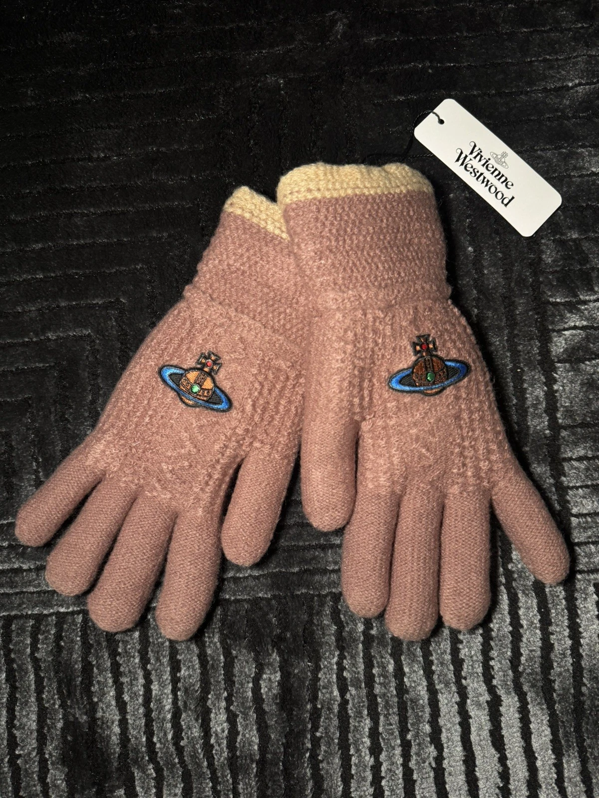 Vivienne Westwood Rose Merlot Knit Gloves Shearling Lined Orb Embroidered
