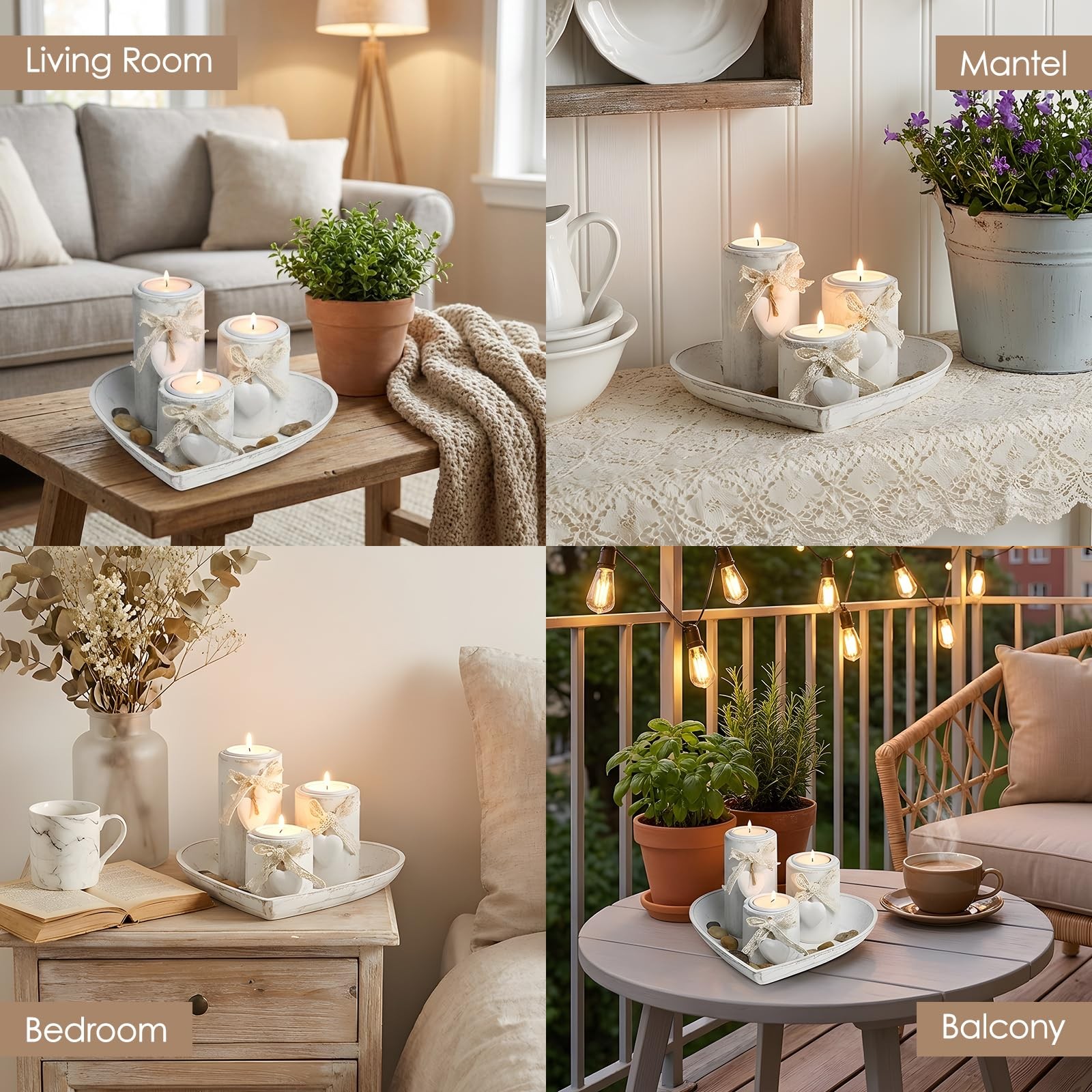 Candle Holders 3 Pack Rustic Wooden Pillar Candle Holder with Heart Tray and S..