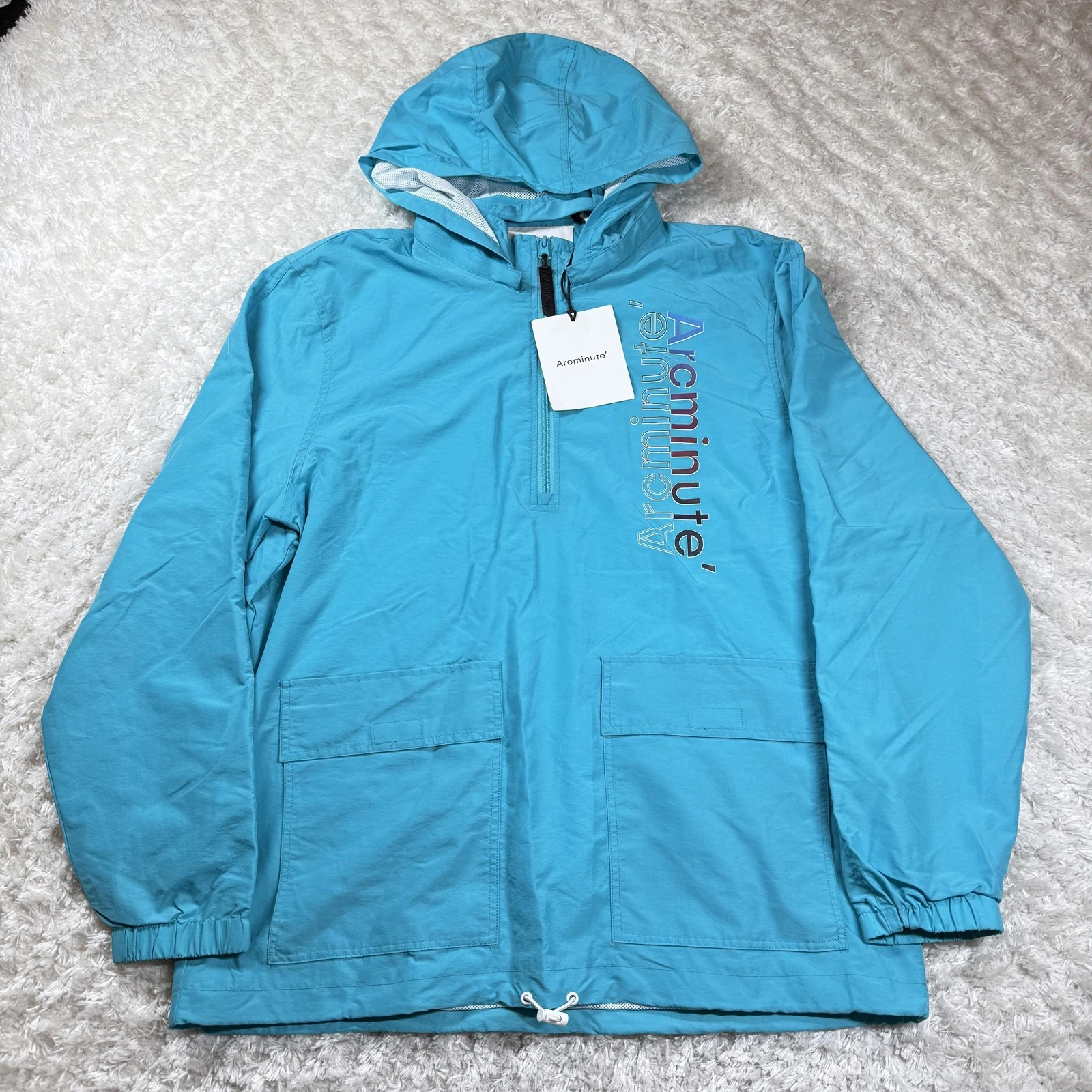Arcminute Jacket Men XL Blue Windbreaker Hooded Zip Outerwear Street Spell Out