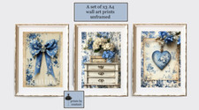 French Shabby Chic Style Bedroom Wall Art Blue Boho Heart Bow Set x3 Prints