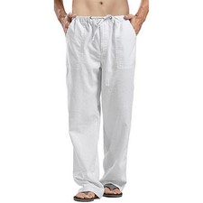 Men's Summer Beach Loose Cotton Linen Pants Yoga Drawstring Elasticated Trousers