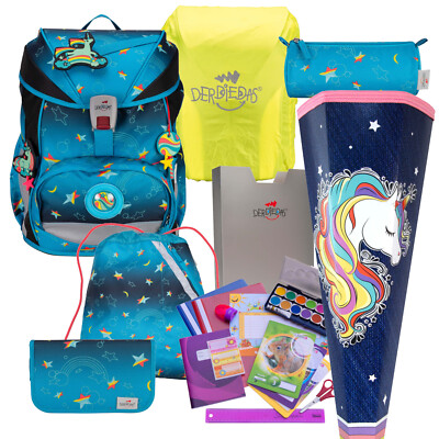 DerDieDas Schulranzen ErgoFlex LED RAINBOW STAR 22 Teile-Set bunt Einhorn Pferde