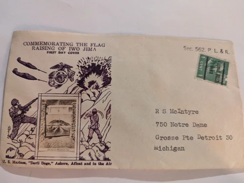 Vintage FDC First Day Cover Commemorating Flag Raising Iwo Jima US Devil Dogs