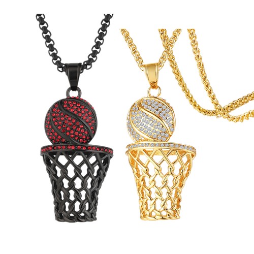 Mens Punk Sports CZ Basketball Pendant Necklace Stainless Steel Hip Hop Jewelry - Picture 27 of 32