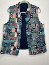 Vintage Quilted Jacket Womens L Patchwork Coastal Grandma Reversable Navy Blue