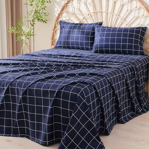 4Pcs Plaid Sheet Sets, 100% Natural Cotton Sheets Set,Geometric Pattern Bed