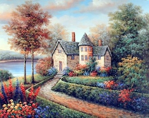 Country Cottage Lake Rustic Landscape 