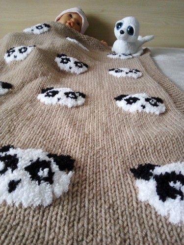 Manta bebé lana tejida a mano con pandas beige edredón bebé con pandas blancos - Imagen 10 de 10