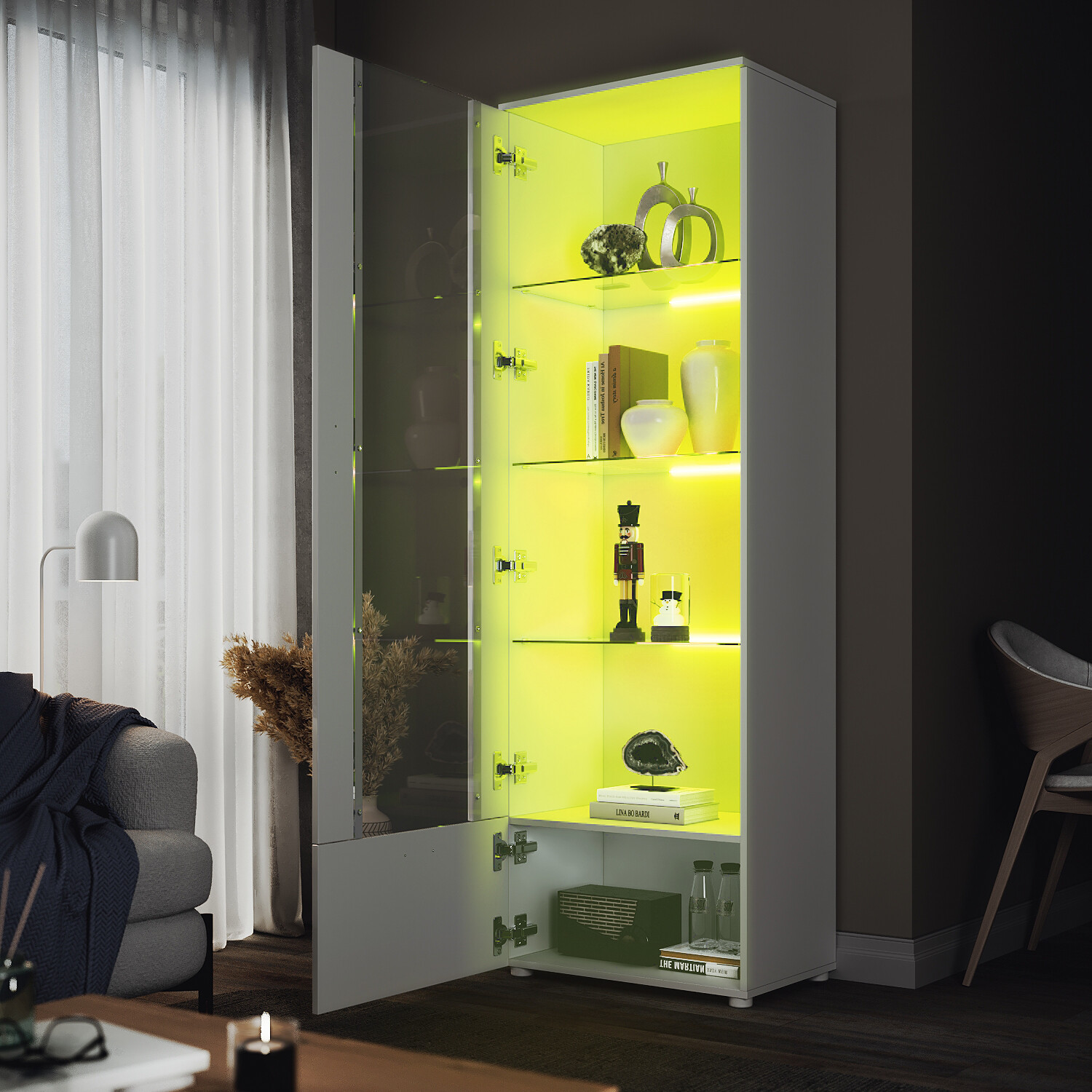 High Gloss White Tall Display Cupboard Storage Sideboard with