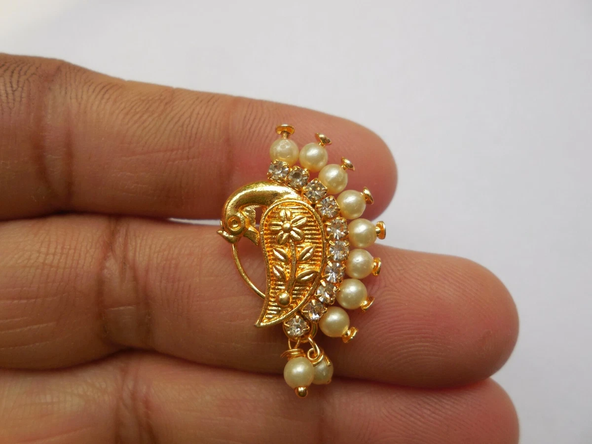 JEWELOPIA Maharashtrian Nath CZ Nose Ring Non-Piercing Pearl Gold Plat