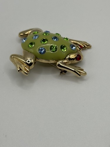 Vintage Rhinestone Enamel Green Blue Gold Tone Frog Pin Brooch - Picture 4 of 7