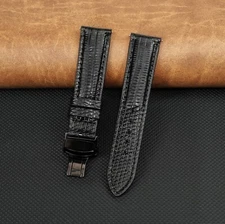 22mm Black Padded Lizard Leather Watch Band Black Deployment Buckle Gift for Men