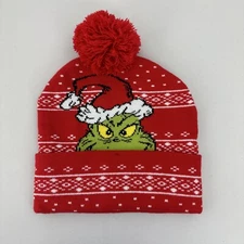 The Grinch Red Beanie with White Snowflake Fair Isle Pattern Unisex NWT Bioworld