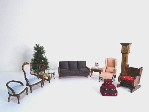Vintage Ledersofa Puppenmöbel Stühle, Tische, Uhr, Gepäck, Weihnachtsbaum