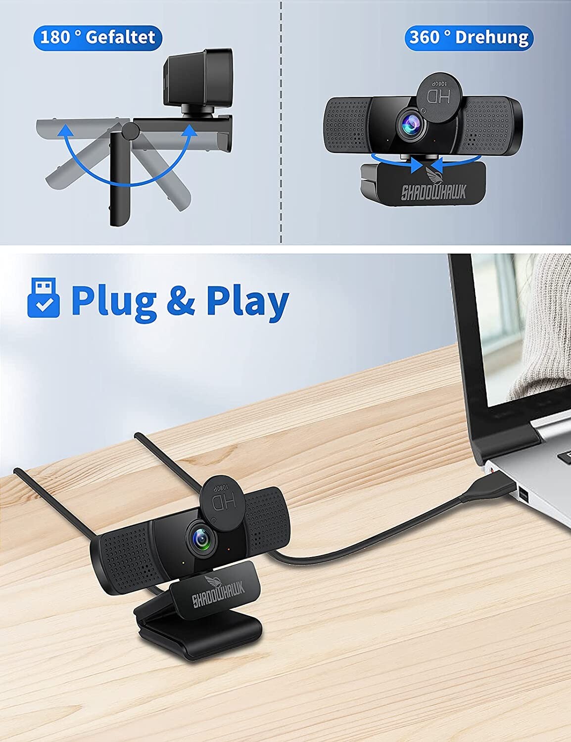 USB Webcam FullHD 1080 Skype FaceTime Mikrofon Zoom PC Laptop PlugPlay Camera